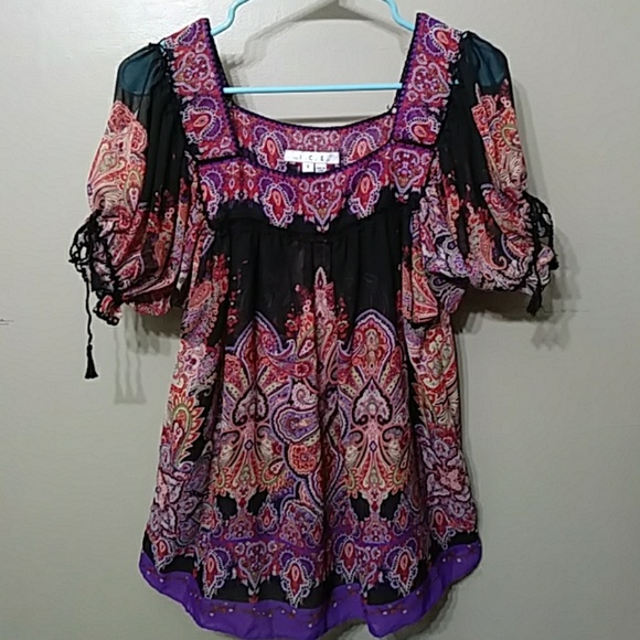 Ice Tops - ICE Flowy Boho Sheer Peasant Blouse Medium
